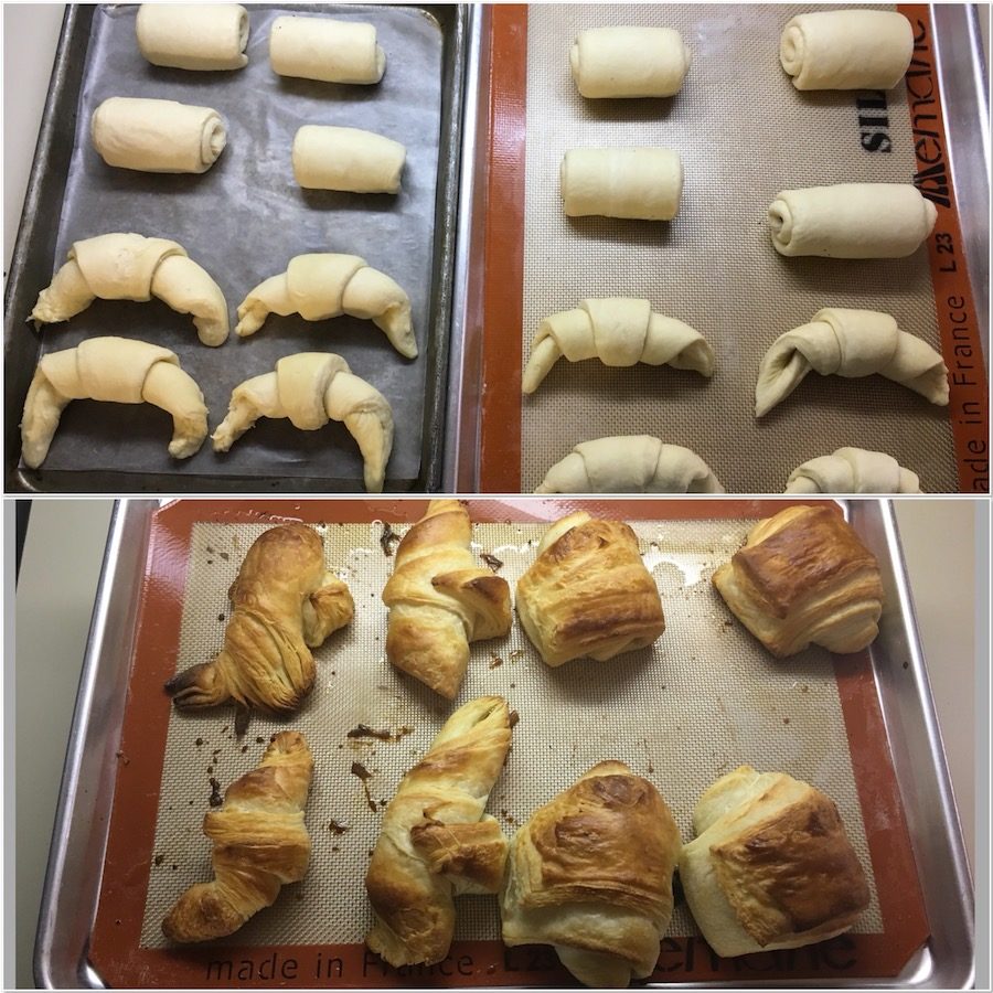 croissants on baking pan before and after baking collage
