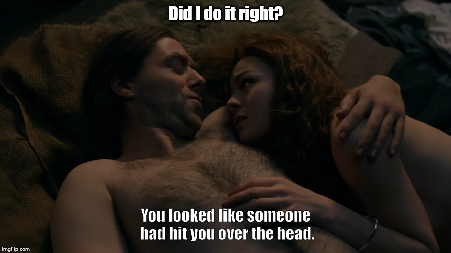 comparing two outlander weddings, roger and bree in bed on wedding night