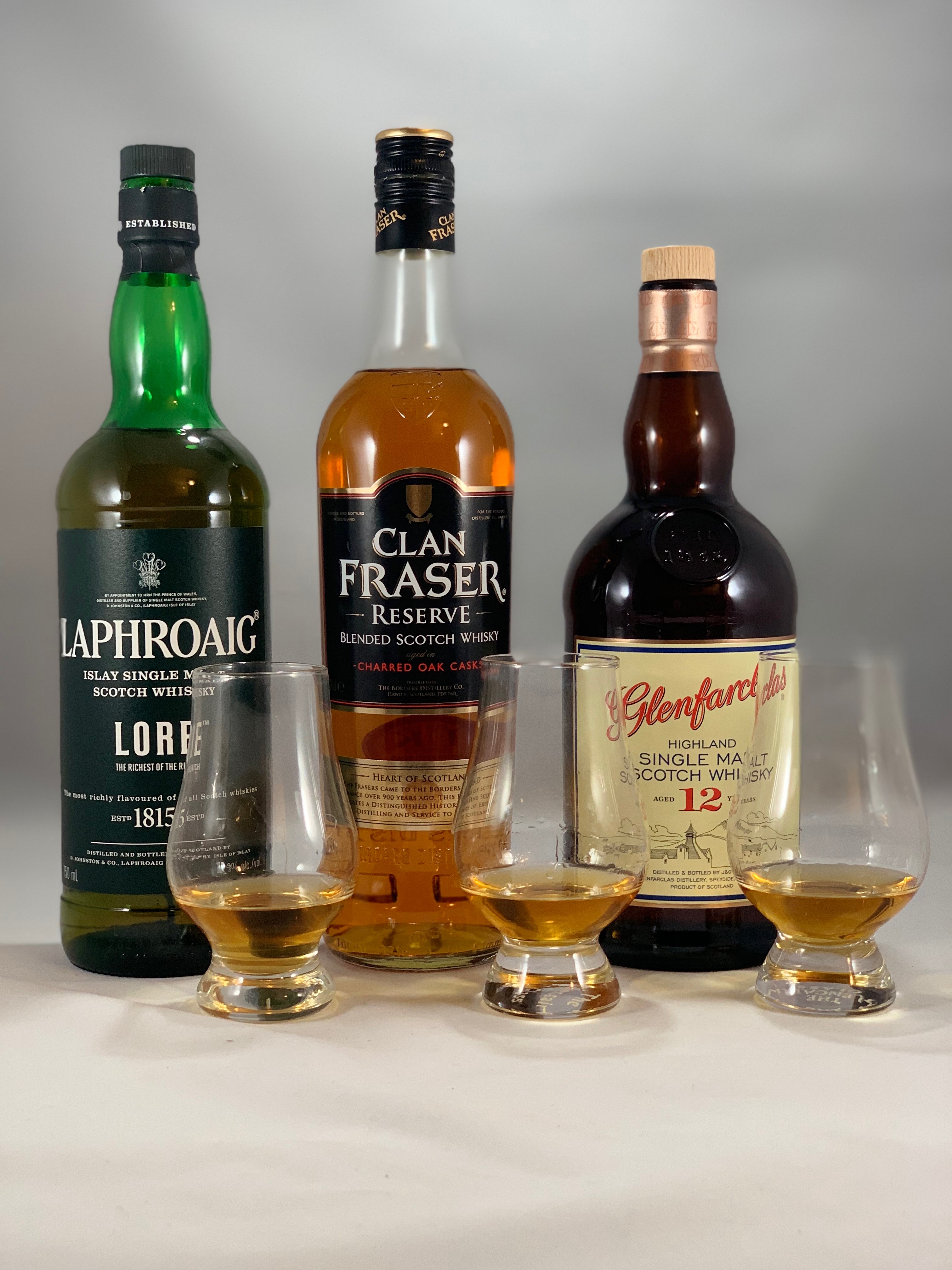 scotch whisky lineup in bottles with pours in glasses