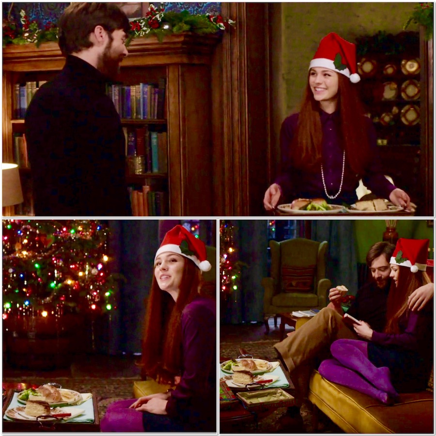 Roger & Briana having Christmas dinner from Outlander STARZ Season 3 collage