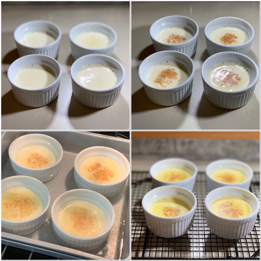 egg custard before and after baking collage