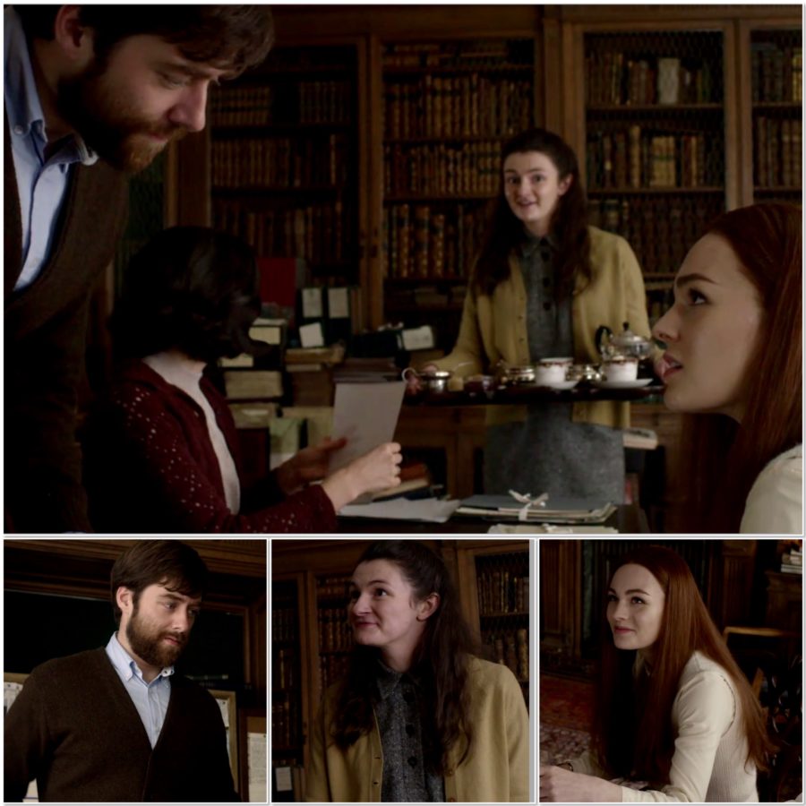 Roger, Claire, & Bree in the library with Fiona serving tea