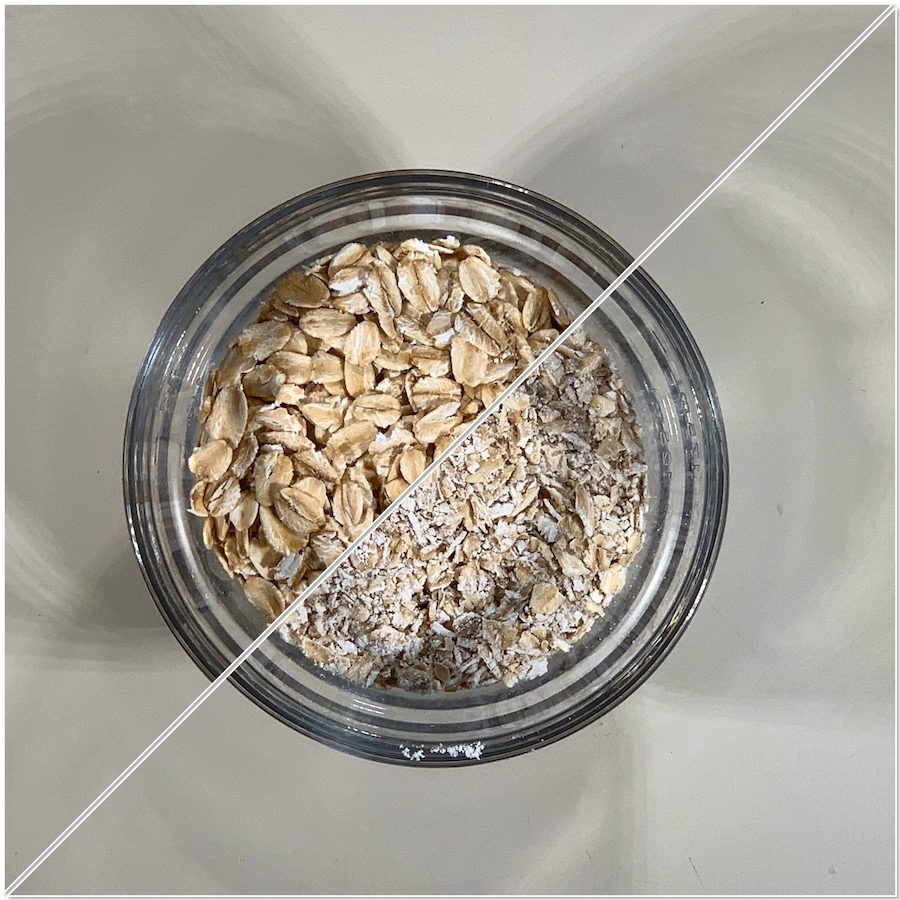 Grinding the old-fashioned oats to the right consistency for Apple Crisp collage