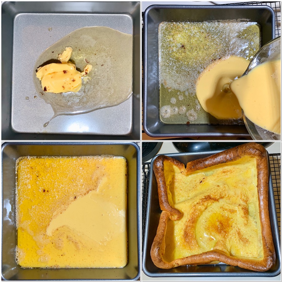 Making Yorkshire pudding before and after the oven collage