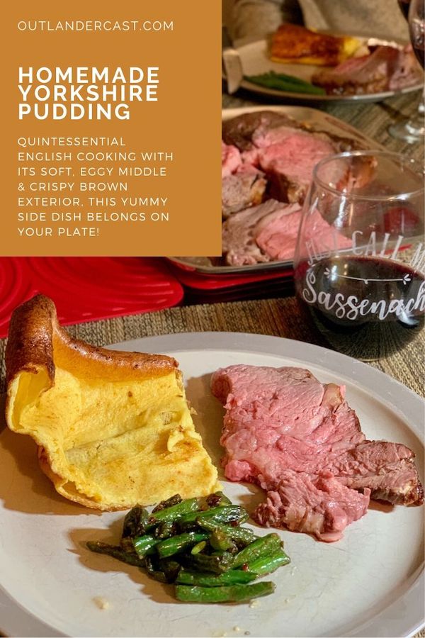 Yorkshire Pudding plated with roast beef and green beans Pinterest banner