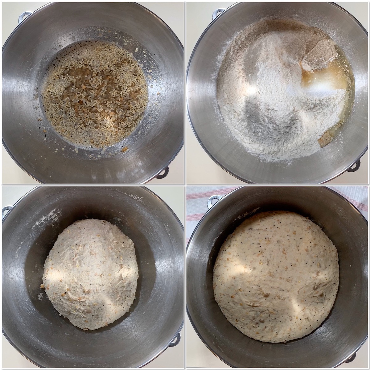 Making dough and before and after rising multigrain sourdough bread collage