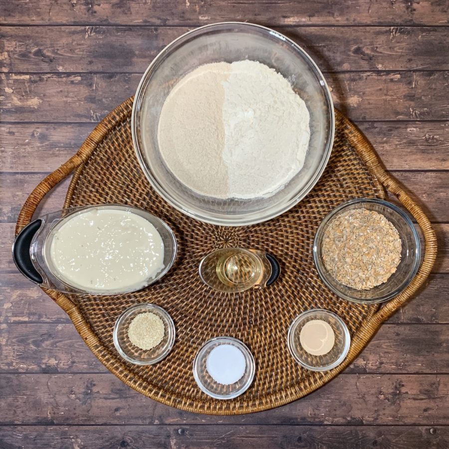 Multigrain Sourdough Bread ingredients on tray