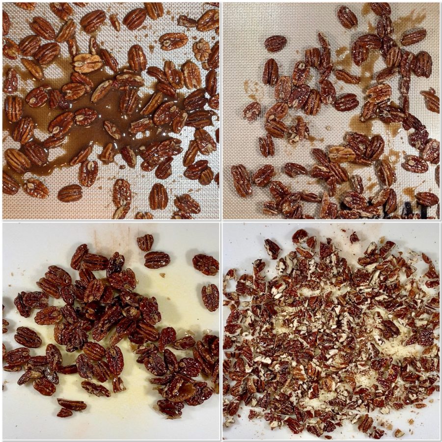 Chopping candied pecans collage
