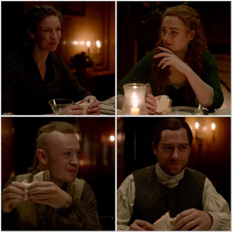 Fraser family enjoying peanut butter & jelly sandwiches collage Outlander STARZ Season 5