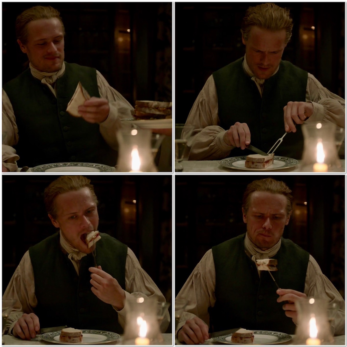 Jamie Fraser trying a peanut butter & jelly sandwich collage Outlander STARZ Season 5