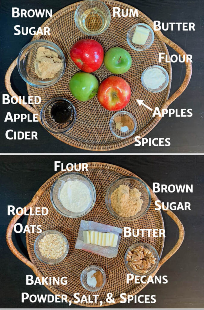 Apple Crisp ingredients filling & topping on tray overheadcollage