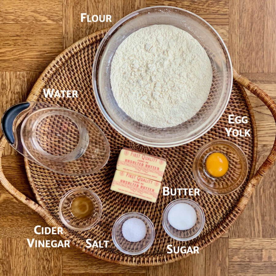 short crust pastry ingredients on tray from overhead marked