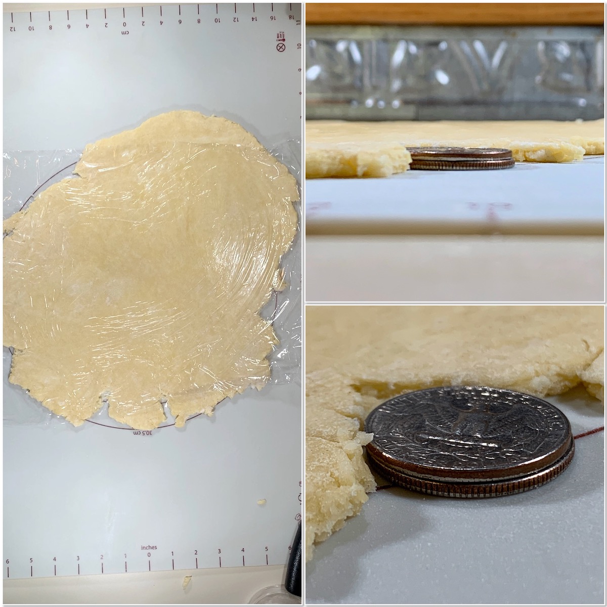 Measuring the height of Rolling out Sourdough Shortcrust Pastry dough with quarters closeup