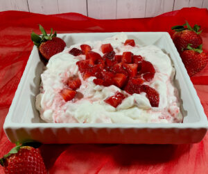 Eton Mess in a bowl on red scarf