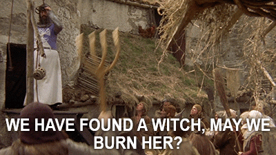 Gif of witch hunt scene in Monty Python and the Holy Grail