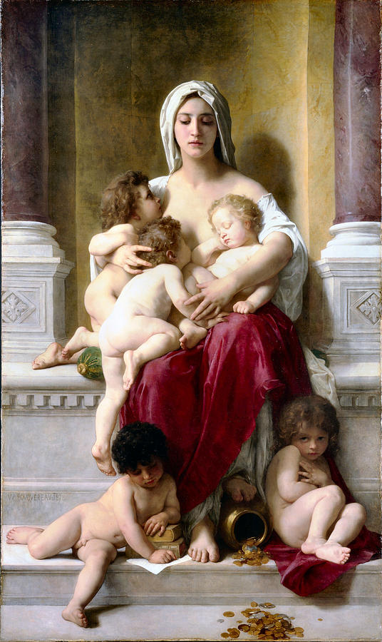 Oil painting of a mother with 5 children, breastfeeding.