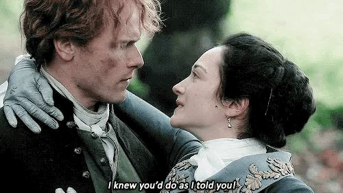 Gif of Jamie and Geneva from season 3. Text captioning reads, “I knew you’d do as I told you.” Jamie holds Geneva for a brief moment before dropping her into the mud.