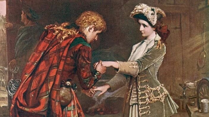 Bonnie Prince Charlie kissing the back of Flora MacDonald's hand.