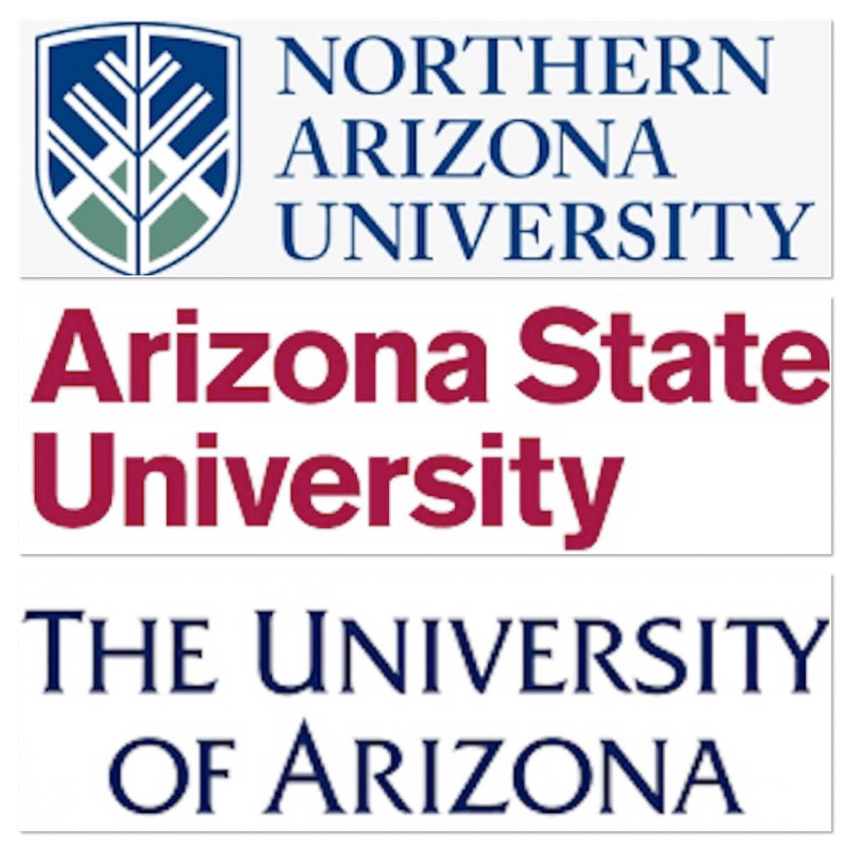 A stacked list of the three universities in Arizona.
